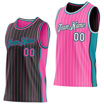 Custom Black Pink Pinstripe-Teal Side Panels Reversible Double Side Sublimation Basketball Set Jersey