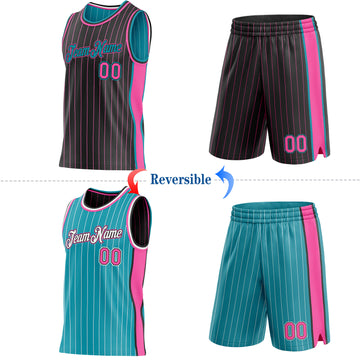 Custom Black Pink Pinstripe-Teal Side Panels Reversible Double Side Sublimation Basketball Set Jersey