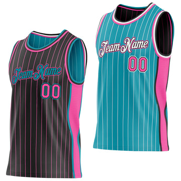 Custom Black Pink Pinstripe-Teal Side Panels Reversible Double Side Sublimation Basketball Set Jersey