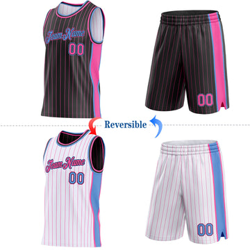 Custom Black Pink Pinstripe-Light Blue Side Panels Reversible Double Side Sublimation Basketball Set Jersey