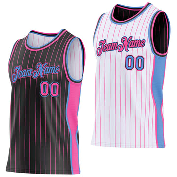 Custom Black Pink Pinstripe-Light Blue Side Panels Reversible Double Side Sublimation Basketball Set Jersey