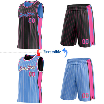 Custom Black Pink Pinstripe-Light Blue Side Panels Reversible Double Side Sublimation Basketball Set Jersey