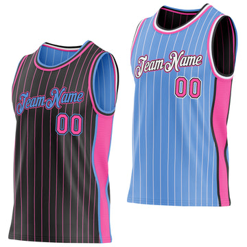 Custom Black Pink Pinstripe-Light Blue Side Panels Reversible Double Side Sublimation Basketball Set Jersey