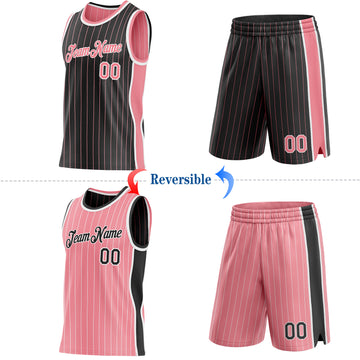 Custom Black Medium Pink Pinstripe-White Side Panels Reversible Double Side Sublimation Basketball Set Jersey