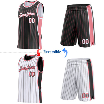 Custom Black Medium Pink Pinstripe-White Side Panels Reversible Double Side Sublimation Basketball Set Jersey