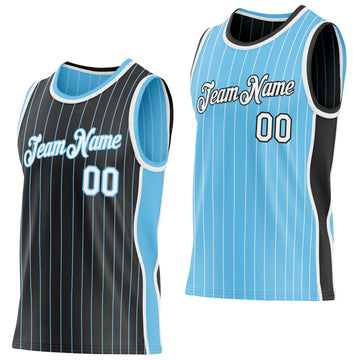 Custom Black Sky Blue Pinstripe-White Side Panels Reversible Double Side Sublimation Basketball Set Jersey