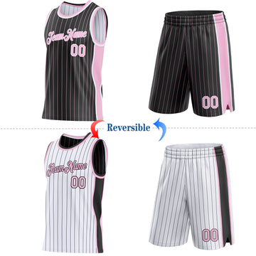 Custom Black Light Pink Pinstripe-White Side Panels Reversible Double Side Sublimation Basketball Set Jersey