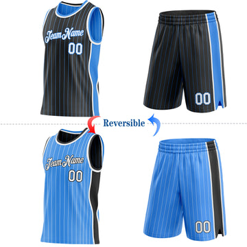 Custom Black Powder Blue Pinstripe-White Side Panels Reversible Double Side Sublimation Basketball Set Jersey