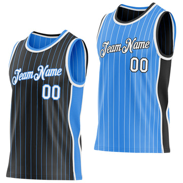 Custom Black Powder Blue Pinstripe-White Side Panels Reversible Double Side Sublimation Basketball Set Jersey