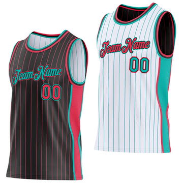 Custom Black Neon Pink Pinstripe Aqua-?¨ª¡ä?? Side Panels Reversible Double Side Sublimation Basketball Set Jersey