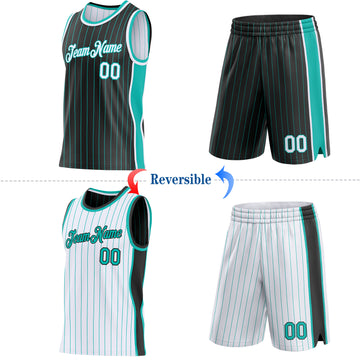 Custom Black Aqua Pinstripe-White Side Panels Reversible Double Side Sublimation Basketball Set Jersey
