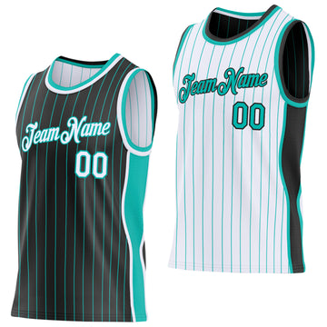 Custom Black Aqua Pinstripe-White Side Panels Reversible Double Side Sublimation Basketball Set Jersey