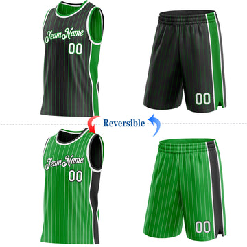 Custom Black Grass Green Pinstripe-White Side Panels Reversible Double Side Sublimation Basketball Set Jersey