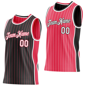Custom Black Neon Pink Pinstripe-White Side Panels Reversible Double Side Sublimation Basketball Set Jersey