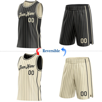 Custom Black Cream Pinstripe Side Panels Reversible Double Side Sublimation Basketball Set Jersey