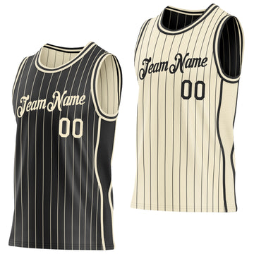 Custom Black Cream Pinstripe Side Panels Reversible Double Side Sublimation Basketball Set Jersey