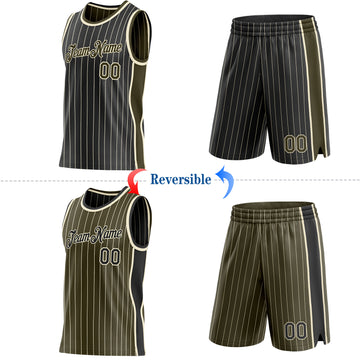 Custom Black Cream Pinstripe-Olive Side Panels Reversible Double Side Sublimation Basketball Set Jersey