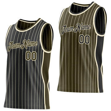 Custom Black Cream Pinstripe-Olive Side Panels Reversible Double Side Sublimation Basketball Set Jersey