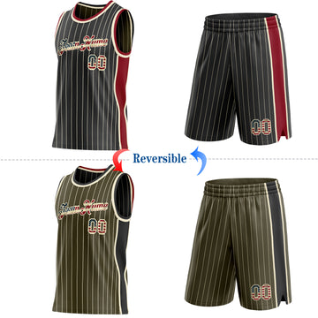 Custom Black Olive Cream Pinstripe Side Panels Reversible Double Side Sublimation Basketball Set Jersey