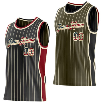 Custom Black Olive Cream Pinstripe Side Panels Reversible Double Side Sublimation Basketball Set Jersey