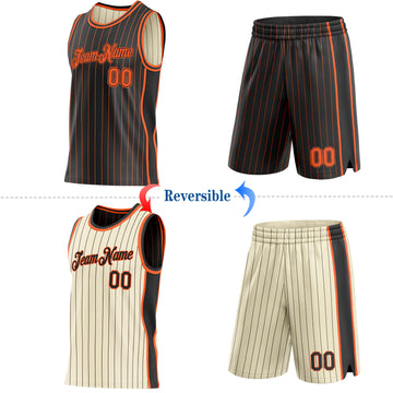 Custom Black Orange & Cream Black Pinstripe Side Panels Reversible Double Side Sublimation Basketball Set Jersey