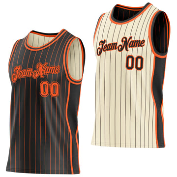 Custom Black Orange & Cream Black Pinstripe Side Panels Reversible Double Side Sublimation Basketball Set Jersey