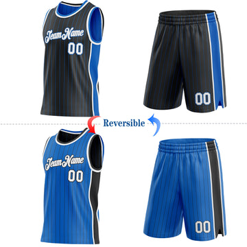 Custom Black Blue Pinstripe White-Gray Side Panels Reversible Double Side Sublimation Basketball Set Jersey