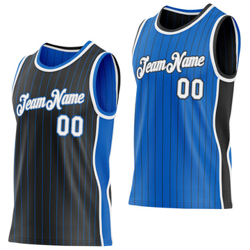 Custom Black Blue Pinstripe White-Gray Side Panels Reversible Double Side Sublimation Basketball Set Jersey