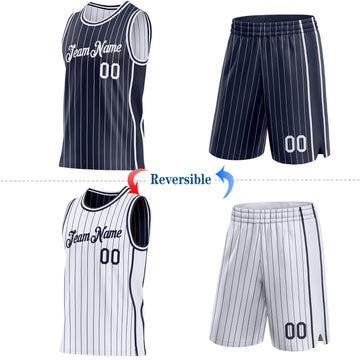 Custom Navy White Pinstripe Side Panels Reversible Double Side Sublimation Basketball Set Jersey
