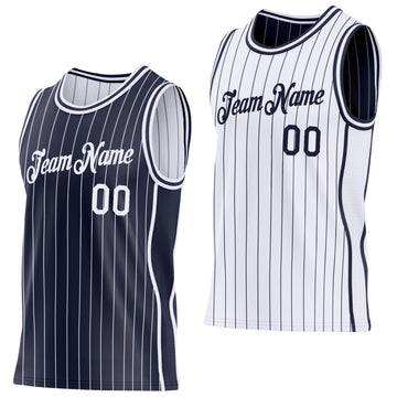Custom Navy White Pinstripe Side Panels Reversible Double Side Sublimation Basketball Set Jersey
