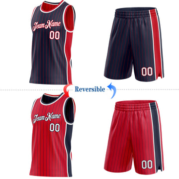 Custom Navy Red Pinstripe-White Side Panels Reversible Double Side Sublimation Basketball Set Jersey