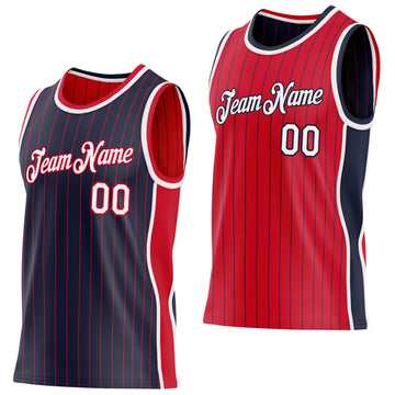 Custom Navy Red Pinstripe-White Side Panels Reversible Double Side Sublimation Basketball Set Jersey