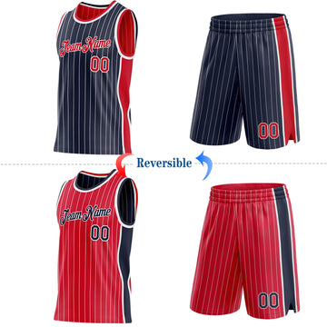 Custom Navy White Pinstripe-Red Side Panels Reversible Double Side Sublimation Basketball Set Jersey