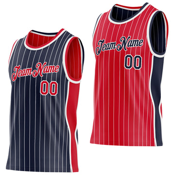 Custom Navy White Pinstripe-Red Side Panels Reversible Double Side Sublimation Basketball Set Jersey