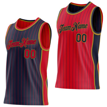 Custom Navy Red Pinstripe-Old Gold Side Panels Reversible Double Side Sublimation Basketball Set Jersey