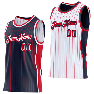 Custom Navy Red Pinstripe-White Side Panels Reversible Double Side Sublimation Basketball Set Jersey