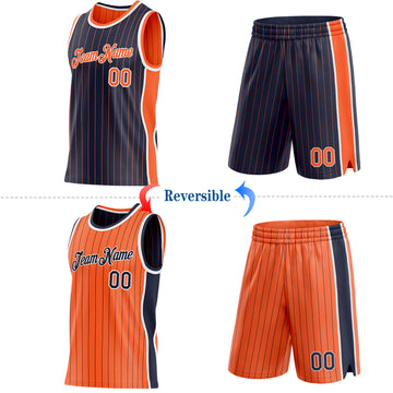 Custom Navy Orange Pinstripe-White Side Panels Reversible Double Side Sublimation Basketball Set Jersey