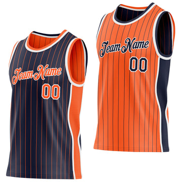 Custom Navy Orange Pinstripe-White Side Panels Reversible Double Side Sublimation Basketball Set Jersey