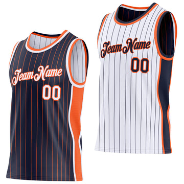 Custom Navy Orange Pinstripe-White Side Panels Reversible Double Side Sublimation Basketball Set Jersey