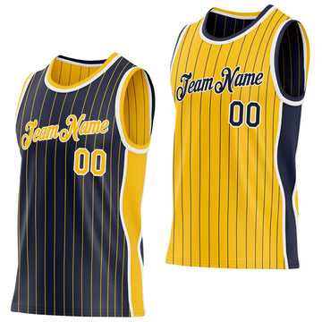 Custom Navy Gold Pinstripe-White Side Panels Reversible Double Side Sublimation Basketball Set Jersey