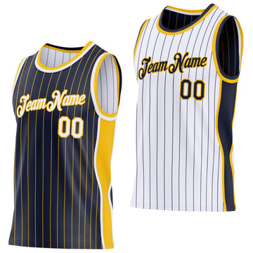 Custom Navy Gold Pinstripe-White Side Panels Reversible Double Side Sublimation Basketball Set Jersey