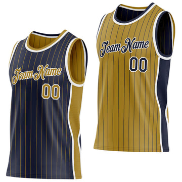 Custom Navy Old Gold Pinstripe-White Side Panels Reversible Double Side Sublimation Basketball Set Jersey