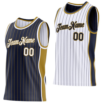 Custom Navy Old Gold Pinstripe-White Side Panels Reversible Double Side Sublimation Basketball Set Jersey