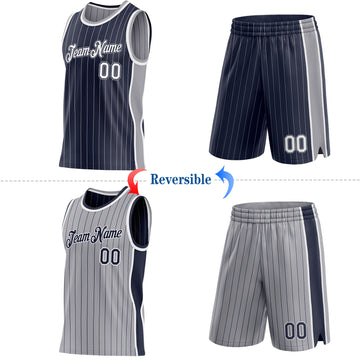 Custom Navy Gray Pinstripe-White Side Panels Reversible Double Side Sublimation Basketball Set Jersey
