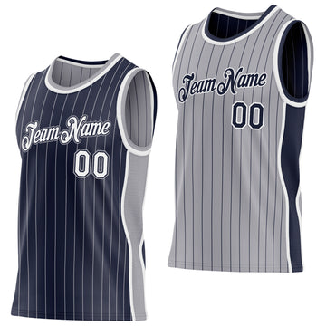 Custom Navy Gray Pinstripe-White Side Panels Reversible Double Side Sublimation Basketball Set Jersey