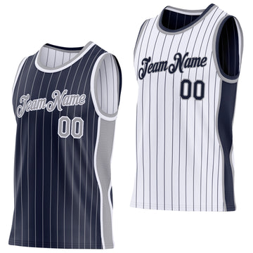 Custom Navy Gray Pinstripe-White Side Panels Reversible Double Side Sublimation Basketball Set Jersey