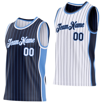 Custom Navy Light Blue Pinstripe-White Side Panels Reversible Double Side Sublimation Basketball Set Jersey
