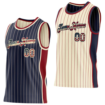 Custom Navy Cream Pinstripe Vintage USA Flag-Maroon Side Panels Reversible Double Side Sublimation Basketball Set Jersey