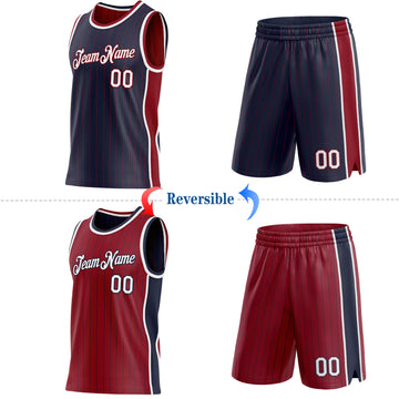 Custom Navy Maroon Pinstripe-White Side Panels Reversible Double Side Sublimation Basketball Set Jersey