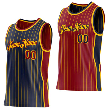 Custom Navy Gold Pinstripe-Maroon Side Panels Reversible Double Side Sublimation Basketball Set Jersey